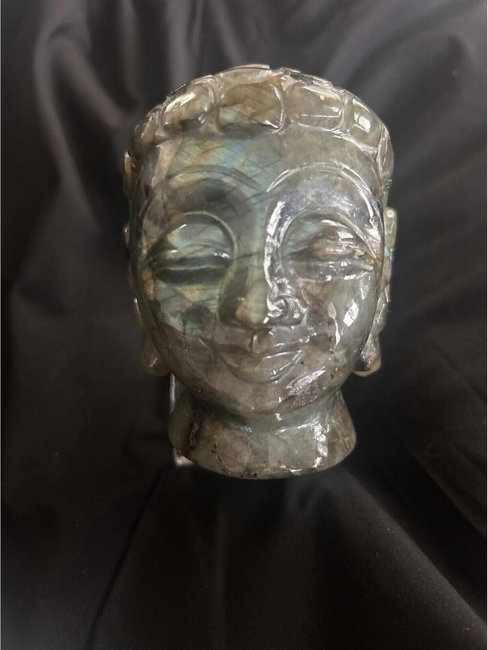 Hand Carved Labradorite Buddha Head with Flash
